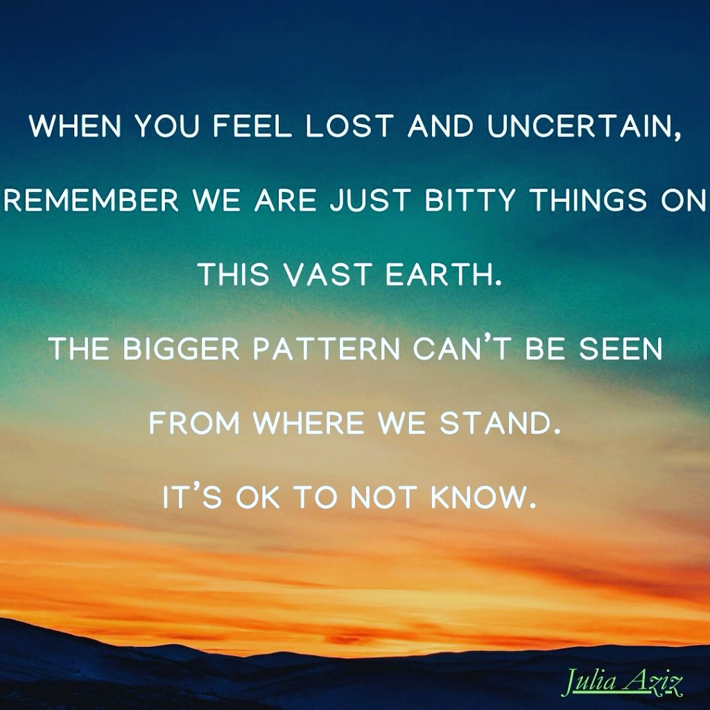 When you feel lost and uncertain, remember we are just bitty things on this vast earth. The bigger pattern can't be seen from where we stand. It's OK to not know.