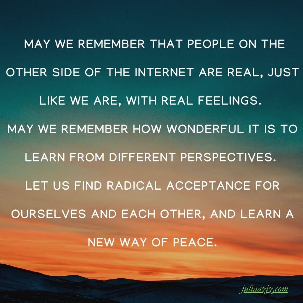 May we remember that people on the other side of the internet are real, just like we are, with real feelings. May we remember how wonderful it is to learn from different perspectives. Let us find radical acceptance for ourselves and each other, and learn a new way of peace.